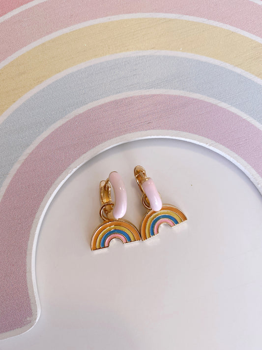 Pink rainbow charm huggie earrings