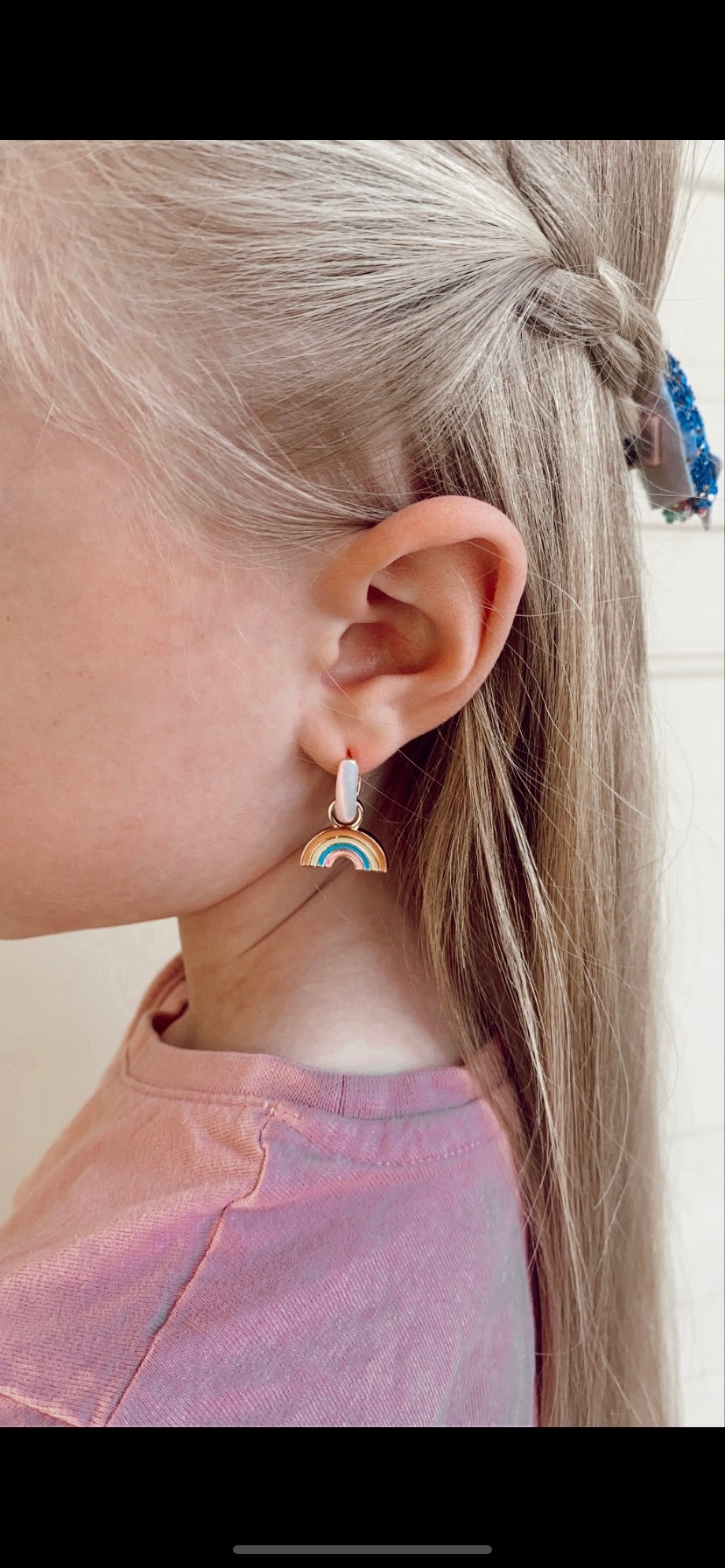 Pink rainbow charm huggie earrings