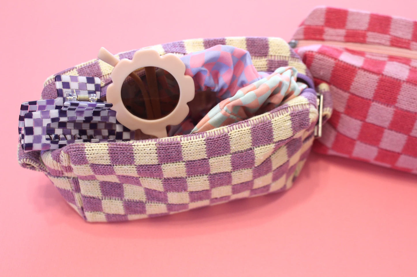 knitted checkered pouches