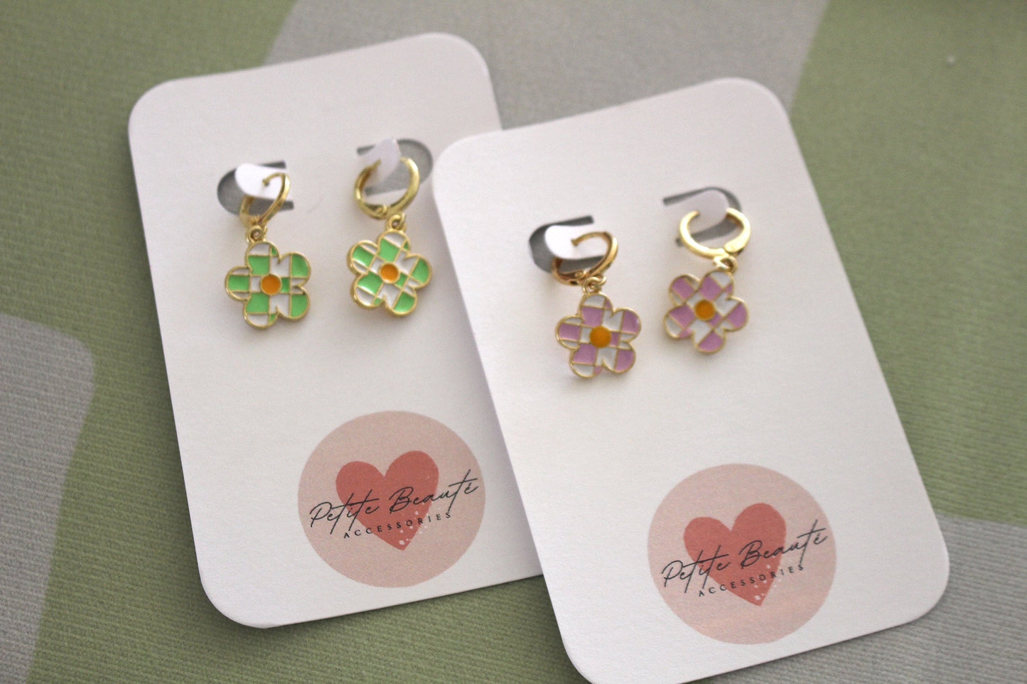 checker flower huggie earrings