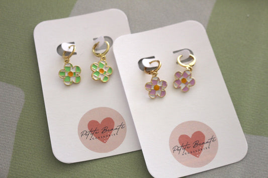 checker flower huggie earrings