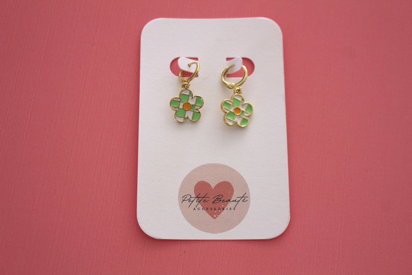 checker flower huggie earrings