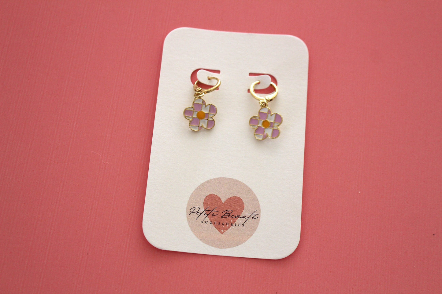 checker flower huggie earrings